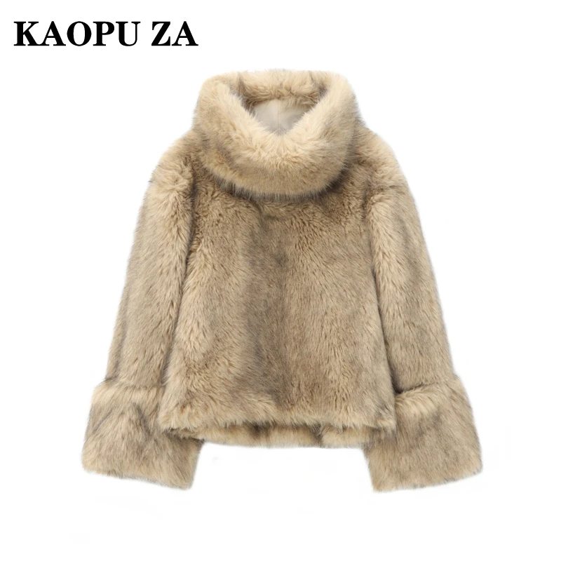 KAOPU ZA 2024 Autumn New Female Streetwear Long Sleeve Faux Fur Outerwear Jumper Trendy Woman's Turtleneck Collar Top Pullover