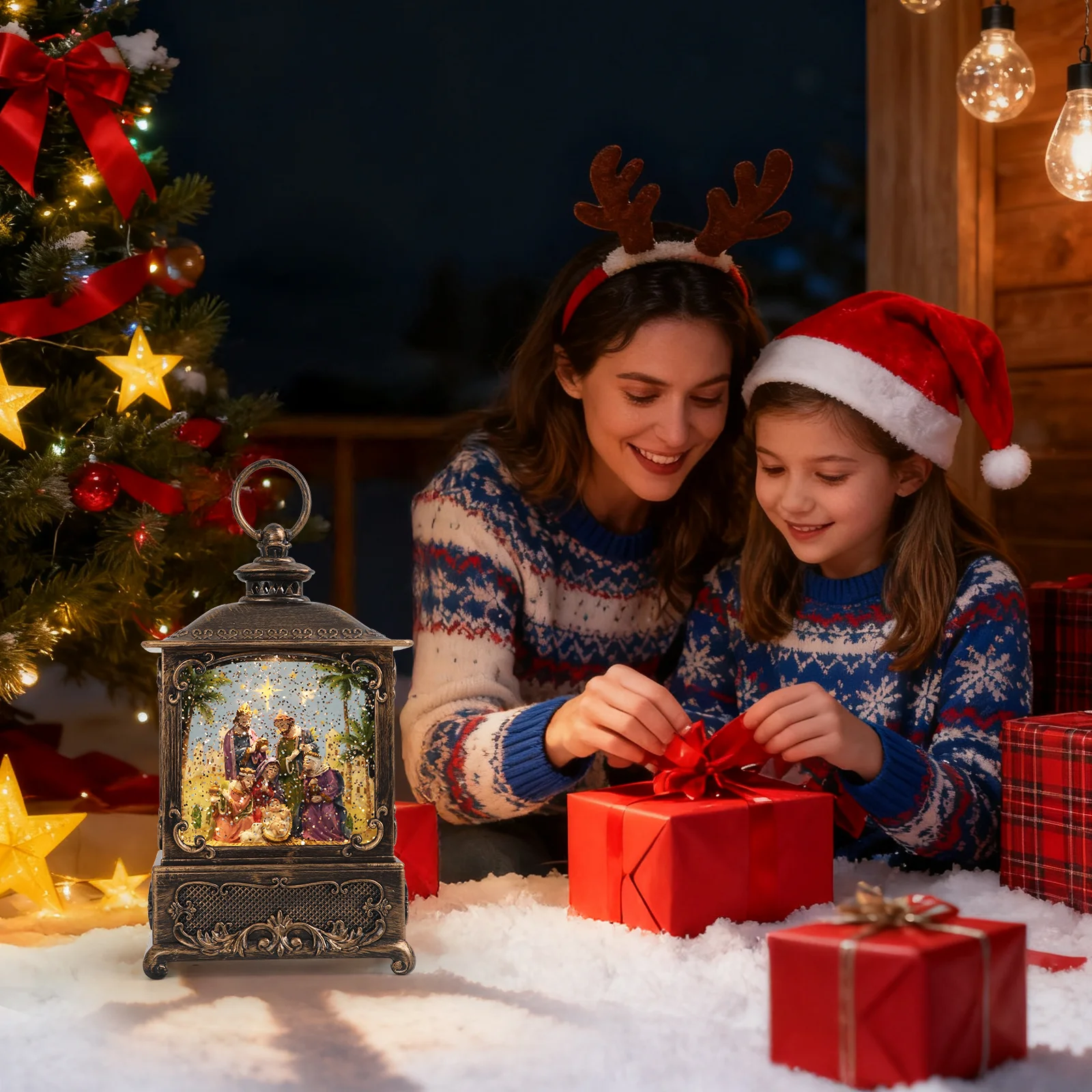 Two-Way Powered Christmas Music Lantern  Battery/USB Snow Globe with Soothing Melodies for Home, Bedroom, and Holiday Gifting