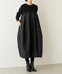 2024 Summer Knitted Women Dress Black O-neck Patchwork Long Sleeve Loose Dresses Female Elegant Casual Trendy Ladies Clothes