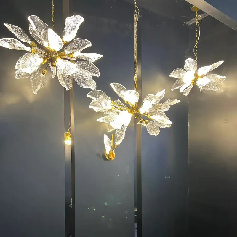 الفرنسية الأزهار الاكريليك قلادة مصباح الفولاذ المقاوم للصدأ الراتنج النحاس الذهب والفضة عكس الضوء الأسقف بريق لغرفة المعيشة #3