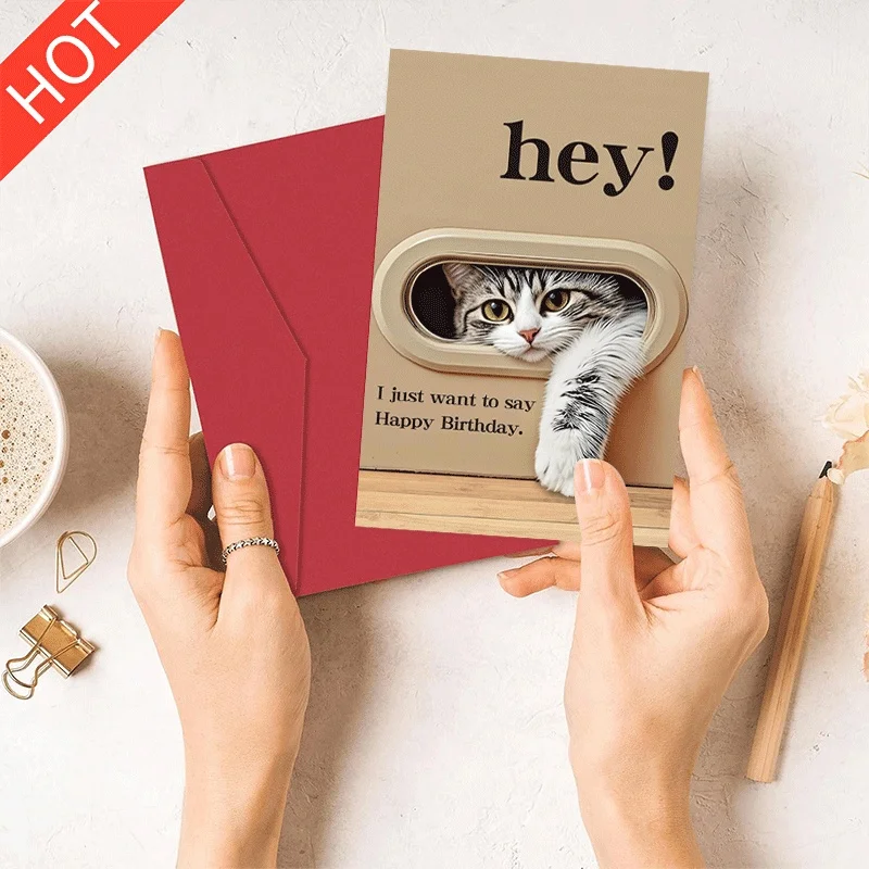 

Happy Birthday Greeting Card Cute Peeking Cat Print Birthday Card for Cat Lovers Pet Themed Birthday Greeting Card