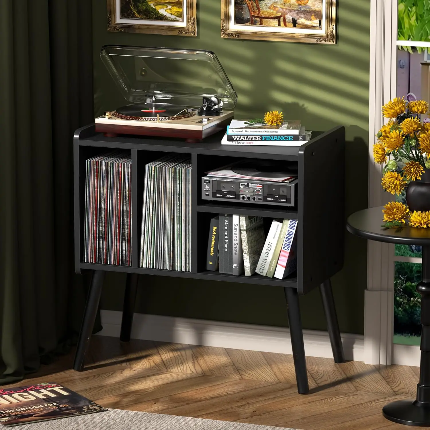 

Record Player Stand with Vinyl Storage for 150+ Albums, Mid-Century Turntable Table with Adjustable Shelves, Wooden Cabinet for