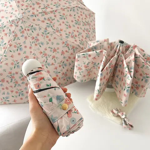 태양 보호 우산 로맨틱 꽃 검은 접착제 선 스크린 도구 모든 날씨에 대한 한국어 Ins 스타일 접이식 양산 우산