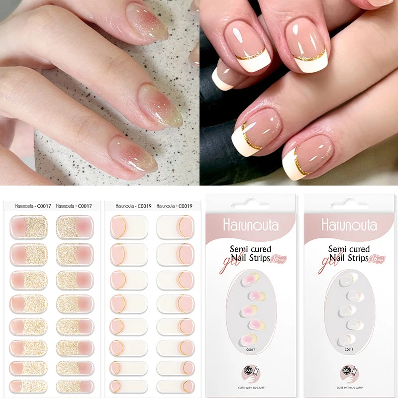 2Pcs Semi Cured Nail Wraps Set French Gradient Adhesive Waterproof Long Lasting Gel Polish Nails Stickers Kits for UV Lamp Need