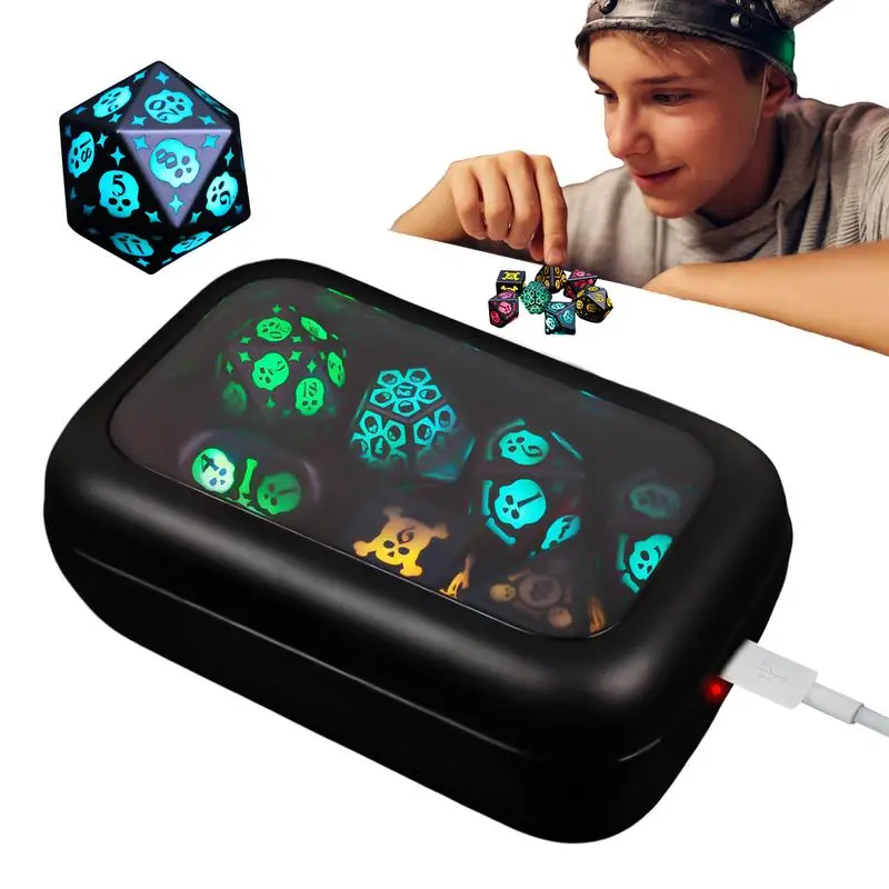 Light Up Dice Skull Pattern Rechargeable Dice Set 7 Pcs Light Up Dice With Charging Box Glowing In The Dark Dice Electronic