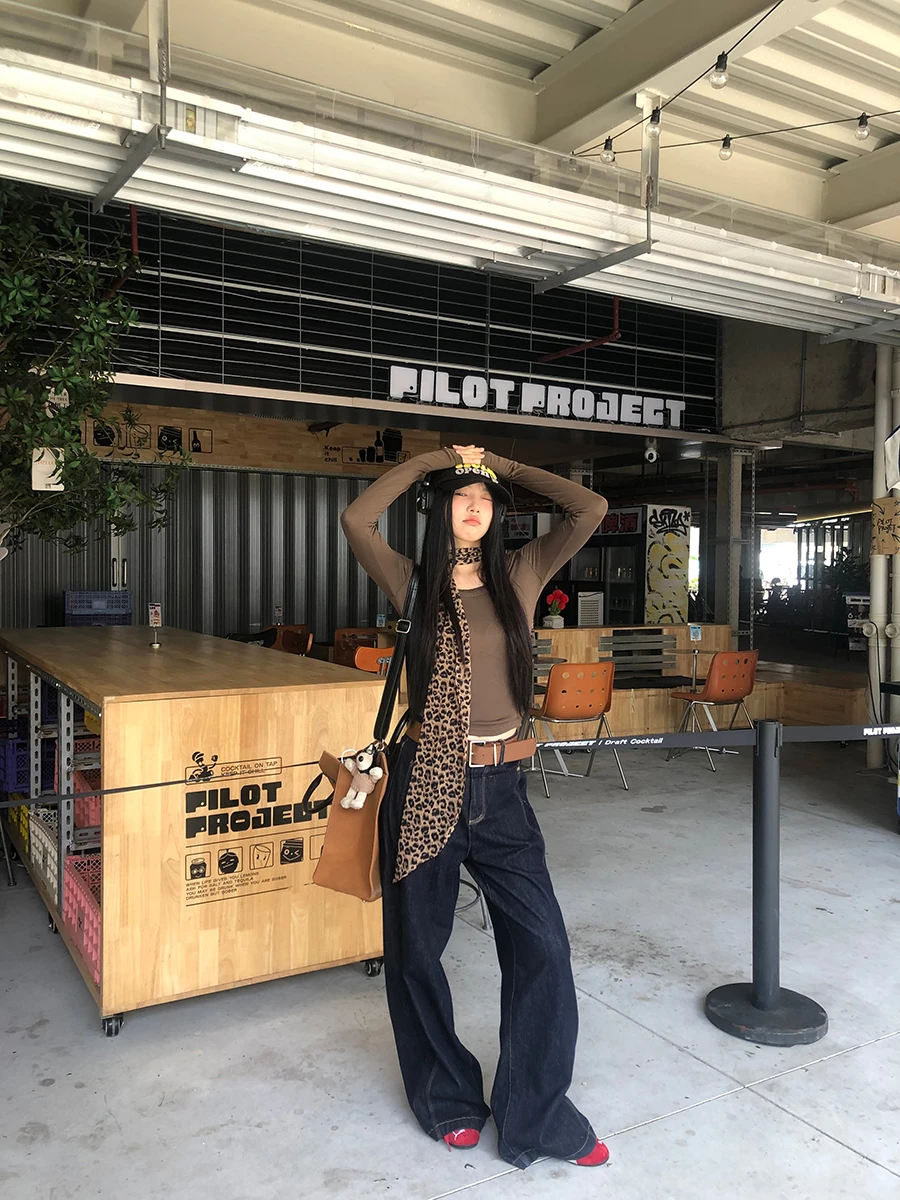 بنطلون جينز واسع الساق بخصر مرتفع للنساء، أسلوب الشارع الأمريكي العصري، إصدار جديد للخريف، قصة مستقيمة