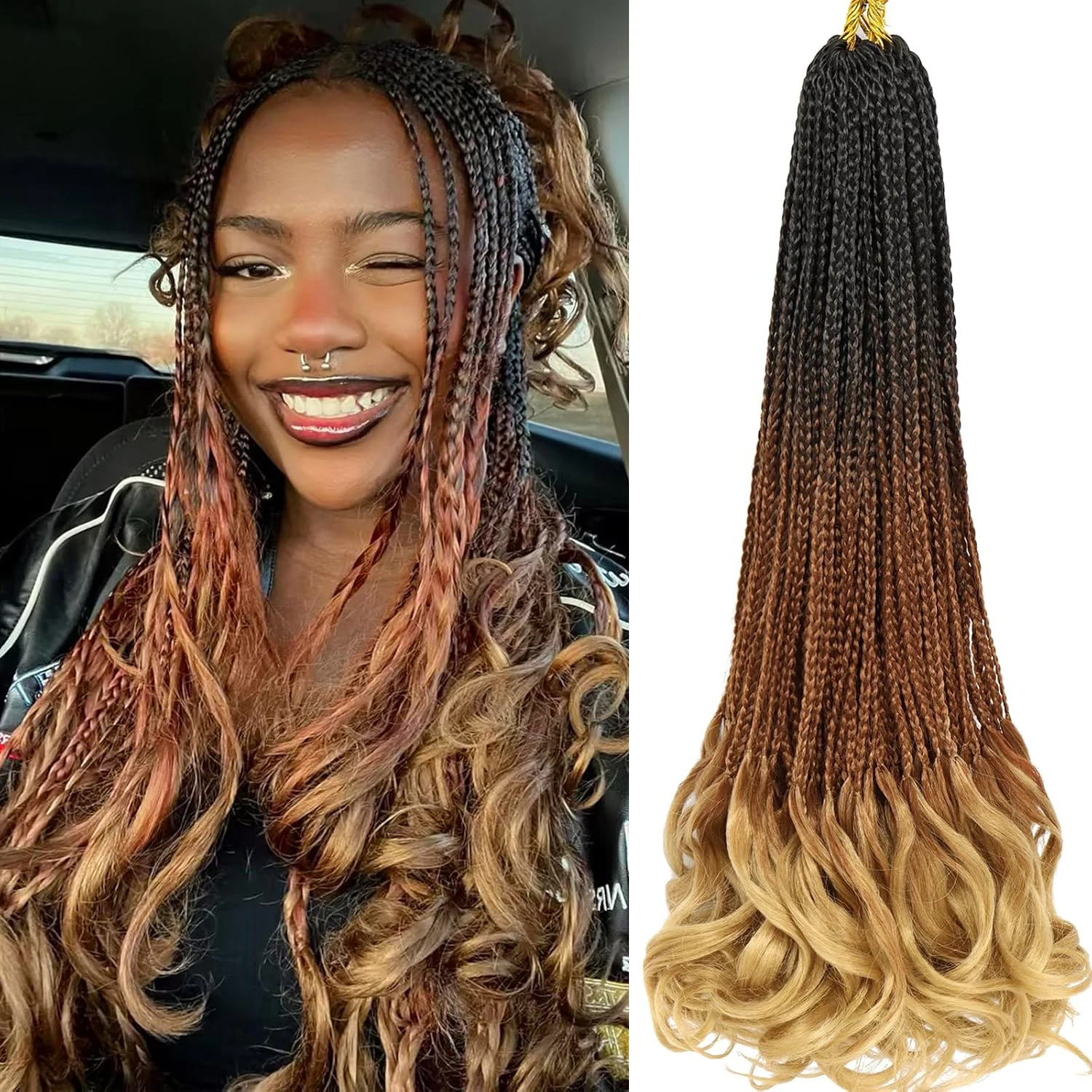 프렌치 컬 크로셰 브레이즈 여신 박스 브레이즈 여성용 크로셰 헤어, 곱슬 끝이 있는 프리 루프 크로셰 박스 브레이드 (합성 섬유)