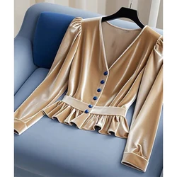 Fashion New 2025 V-Neck Golden Velvet Shirt Women Shirt Blouse Spring Autumn Chic Casual Shirt Top Female