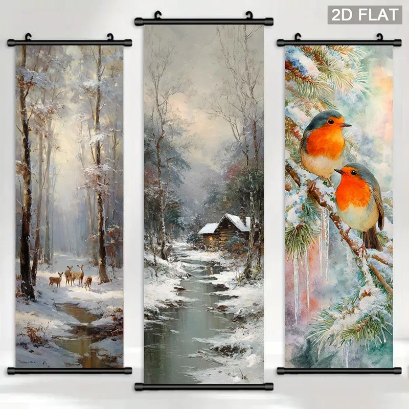 VIKAMA Christmas 3-Piece Hanging Banner Set, Winter Forest Bird Nature Wall Tapestry for Xmas Porch Decor