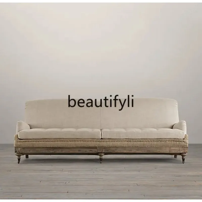 QQ132 French Country Retro Solid Wood American Simple Solid Wood Linen Sofa British Classical