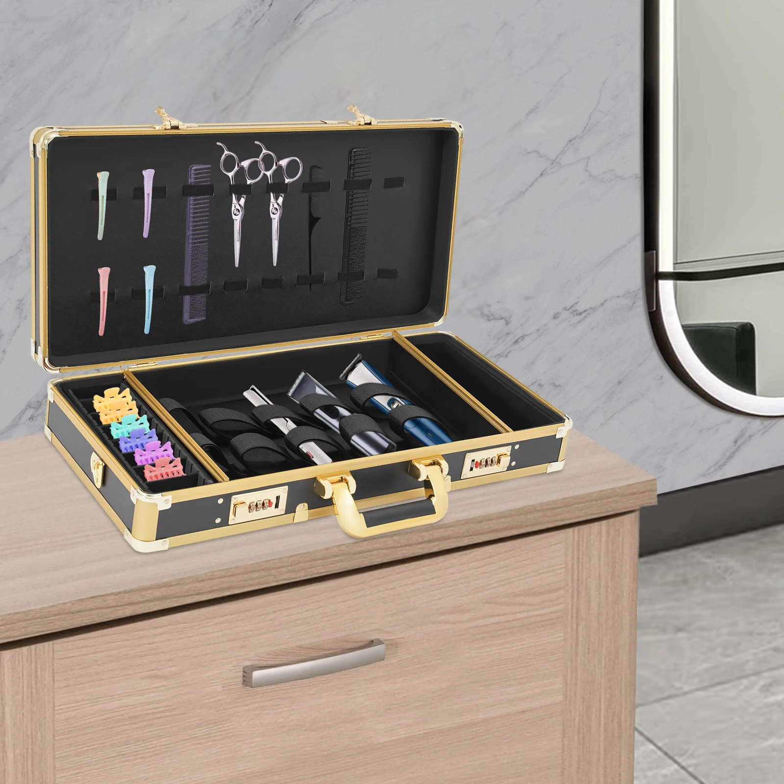 

Black Barber Carrying Case Styling Tools Accessories Storage Case Travel Box Portable, Aluminum Barber Box Carrying Case