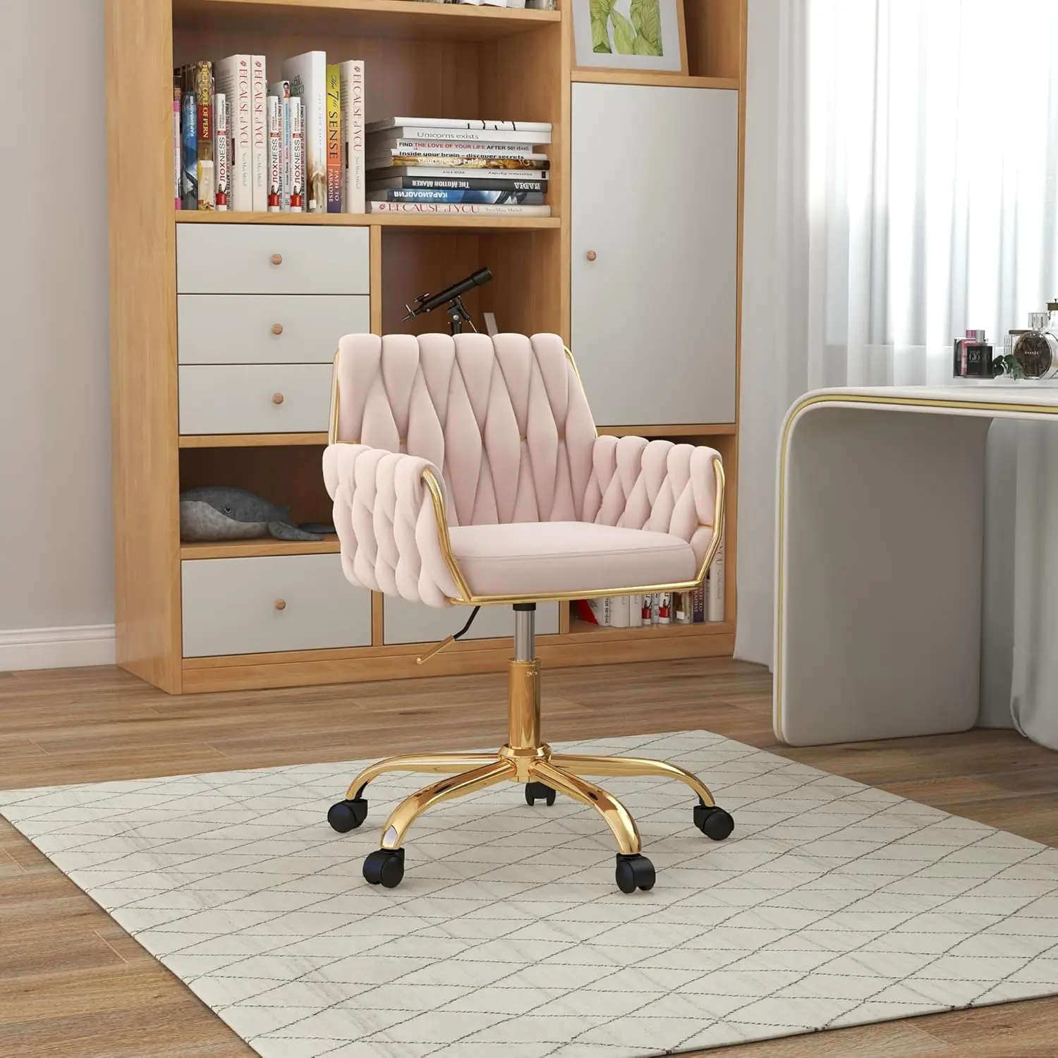 Velvet Home Office Chair, Modern Height Adjustable Cute Vanity Chair, 360° Swivel Makeup Chair Desk Chair with Golden Base image 2