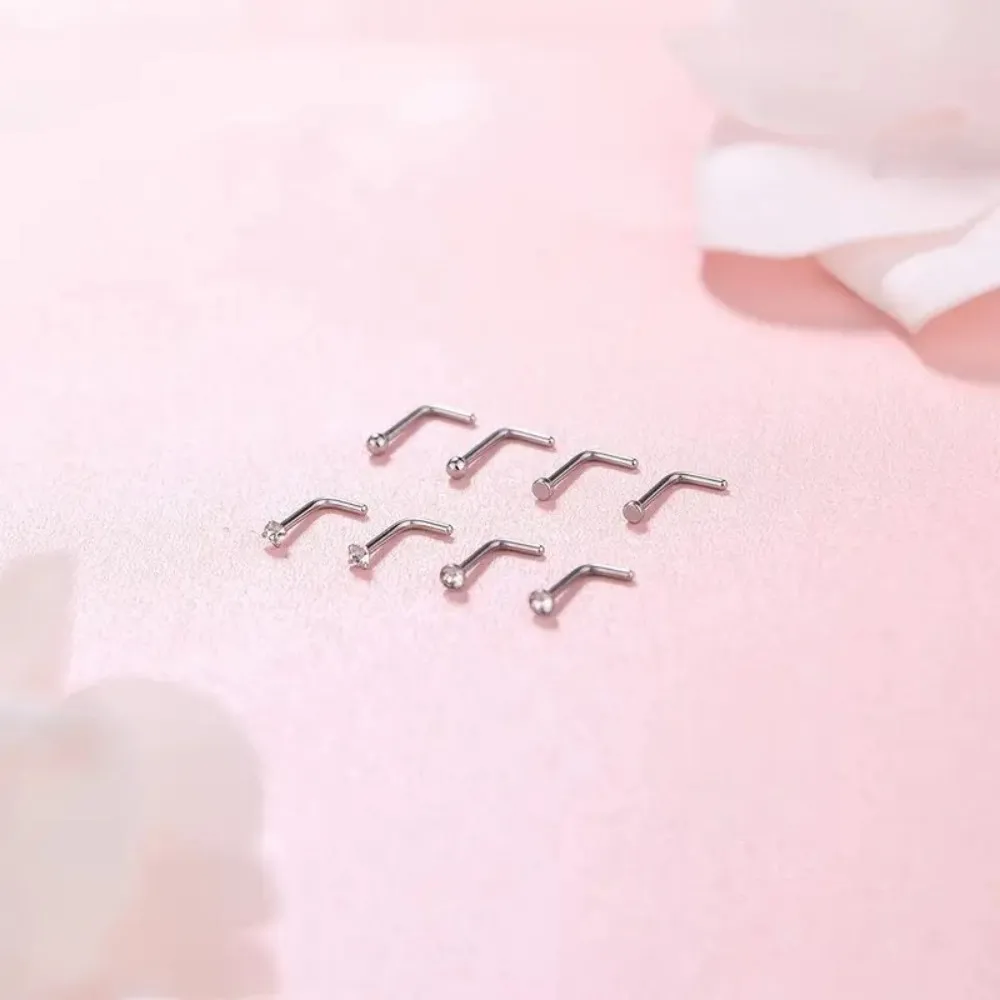 8pcs Elegant Stainless Steel Nose Studs Set L-Shaped Design with Sparkling Cubic Zirconia for Everyday Party Wear