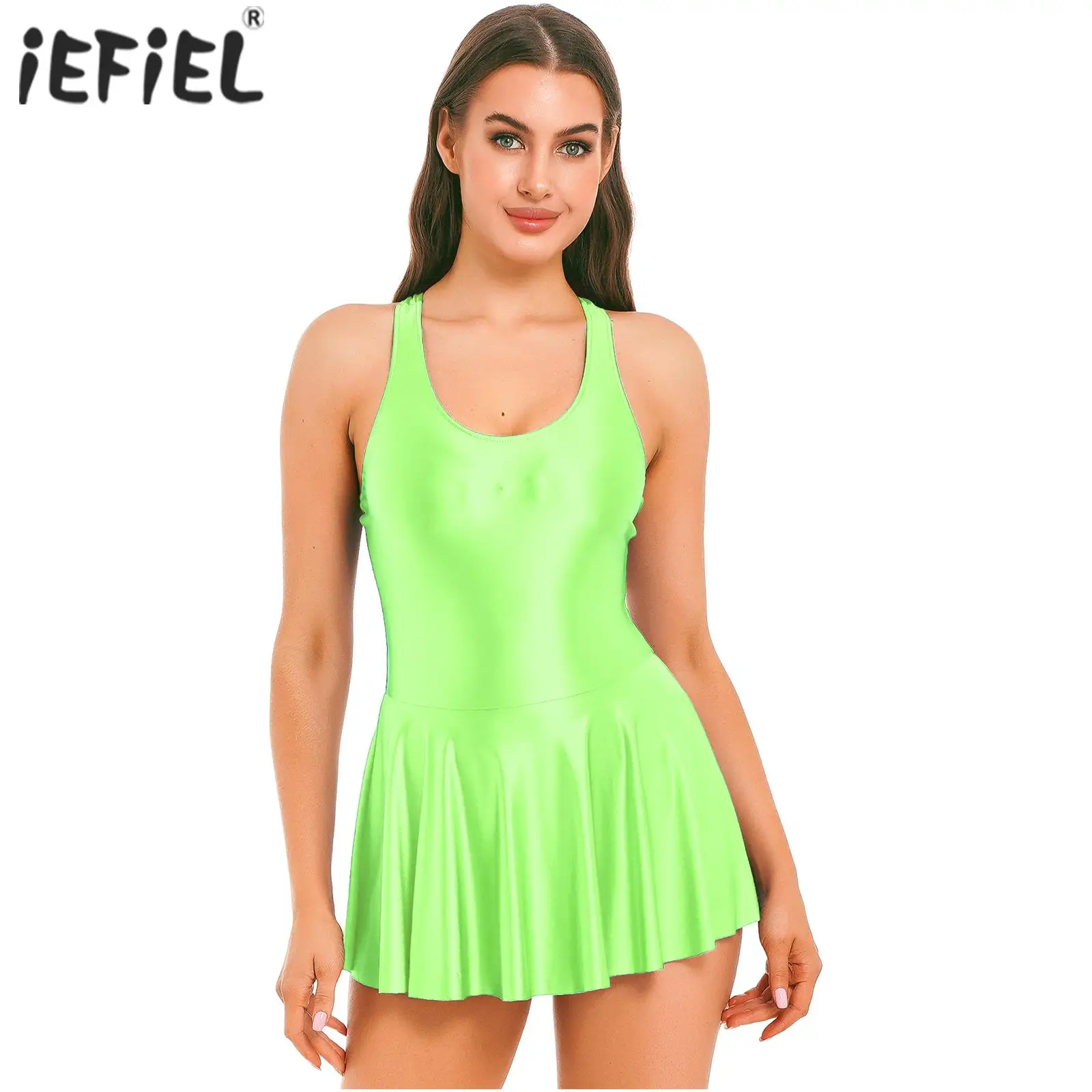 Womens Female U Neck Leotard Mini Dresses Glossy Tank Dress One-Piece Swimsuit Swimwear Sleeveless Nightclub Vestido Costume