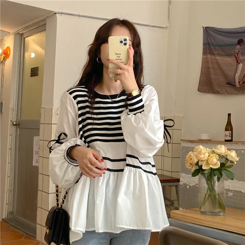 Striped Shirts Women Spring Autumn Loose Patchwork Lantern Sleeve Lace-up Clothing Fashion Design Simple Casual Daily Basic New