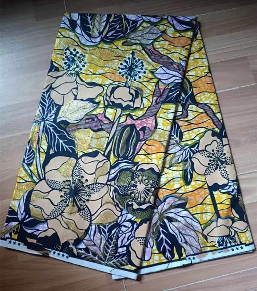 2024 Glam africano di alta qualità Glitter Grand Supe-V tessuto cerato dorato Ankara materiali cerati stampati 6Yards/pz per abito nigeriano