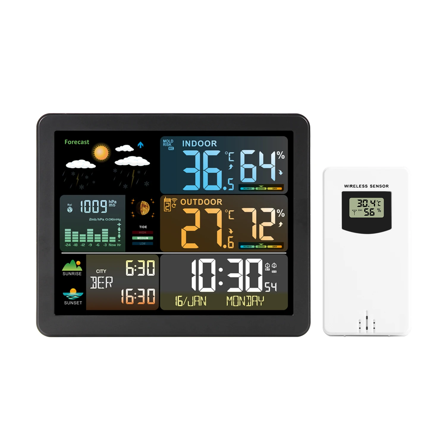 Alarm Clock Digital Weather Forecast Temperature Humidity Electronic Sunrise Sunset Time Wall Table Watch Wireless Meter Decor