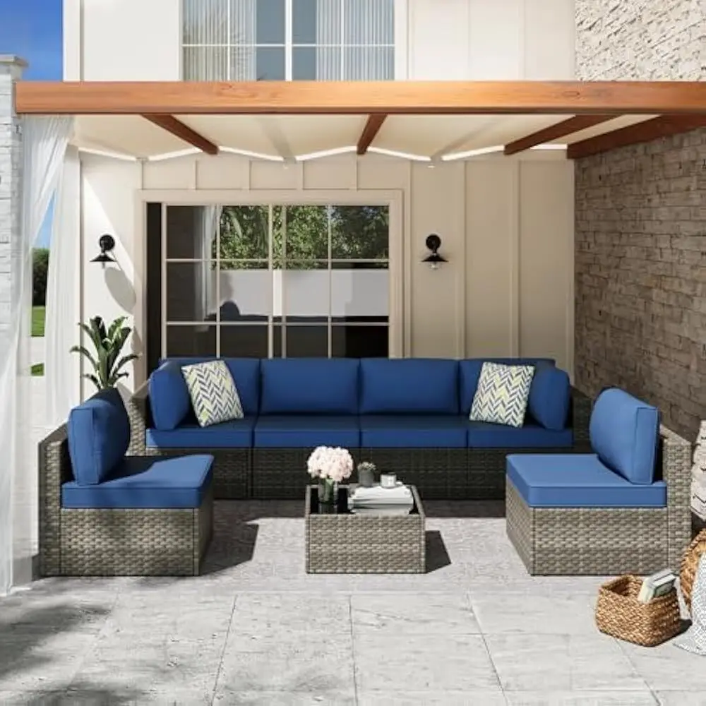 

7 Pieces Outdoor Patio Sectional Sofa Couch, Wicker Furniture Patio Conversation Sets with Washable Cushions & Coffee Table