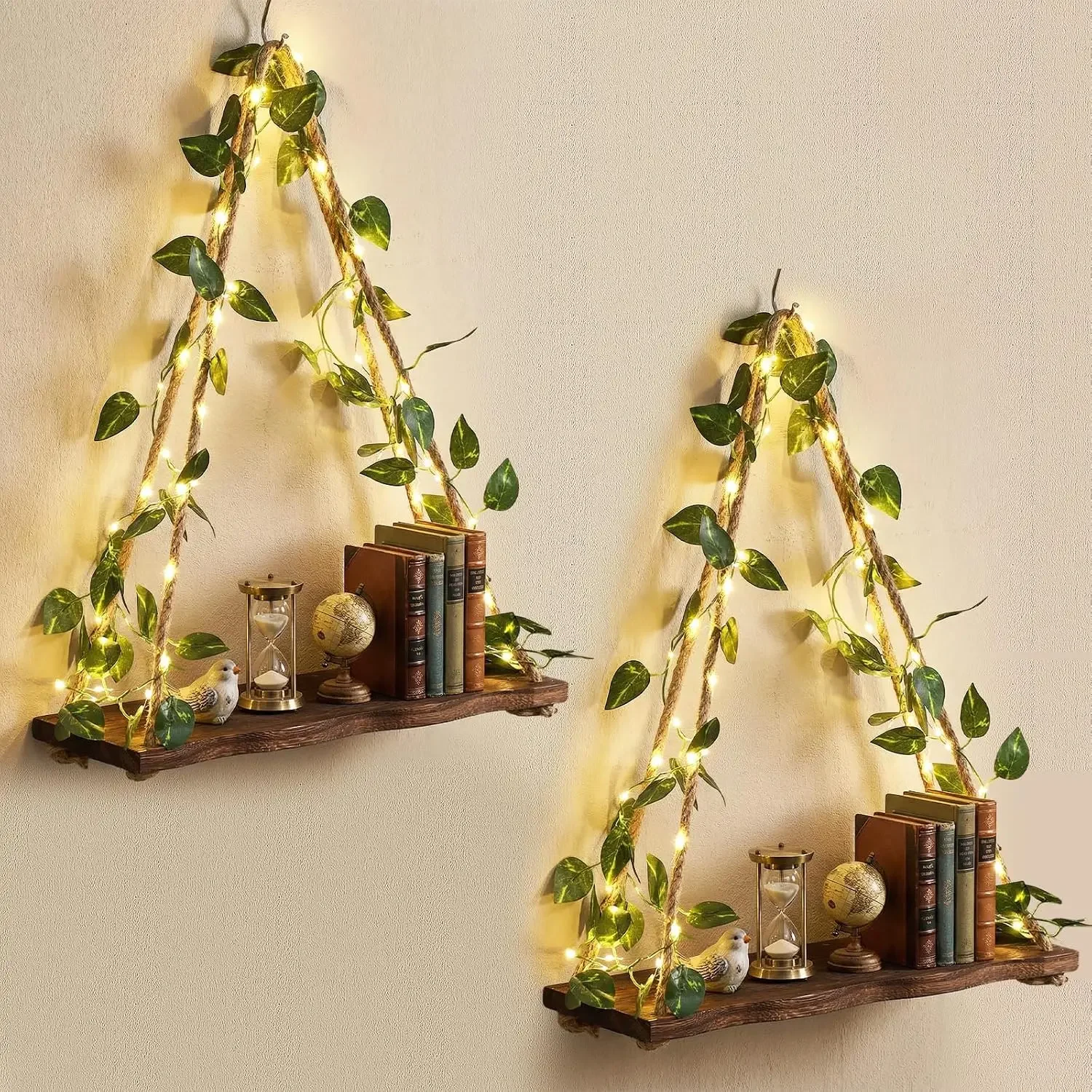 

AceOrbit 2 Set Floating Shelves for Wall, Plant Wall Decor, Hanging Shelf, Floating Shelves with Irregular Wooden Board Design LED Lights and Green Leaves, Boho Hanging Shelf for Home Decor Holiday