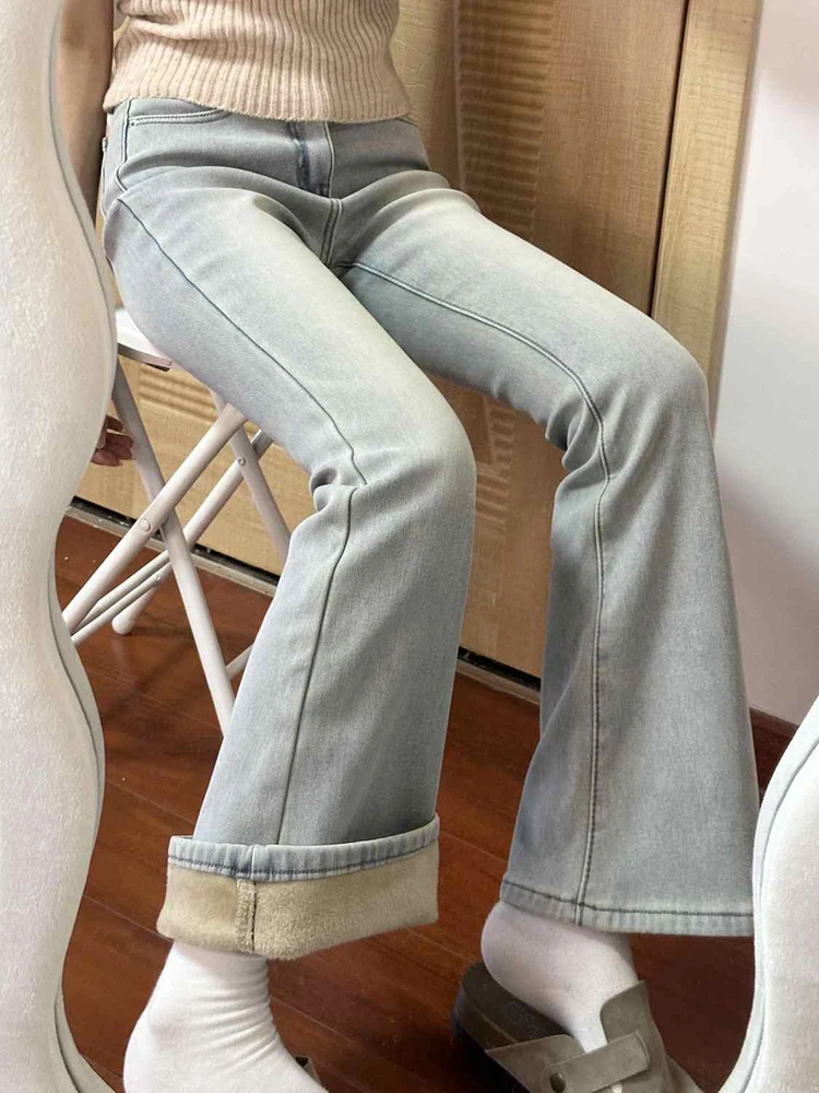 Korea Skinny Plush Velvet Lined Flare Jeans Winter Thicken Light Blue Pantalones Casual Denim Pants  Elegant New Women Vaqueros