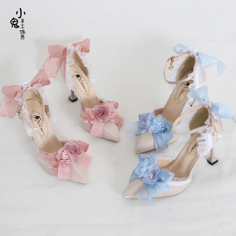 Retro French Style Lolita Elegant Flower Wedding Cosplay Girl Shoes Pointed Lace Flower Bow  5-8cm High Heel Shoes