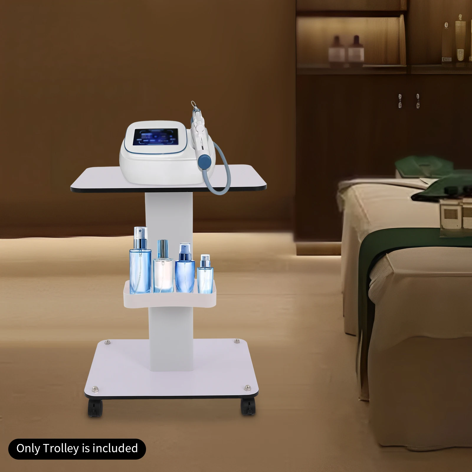 عربة بيضاء عربة طاولة كبيرة لمطياف عربة دوارة متنقلة رف سبا حامل صينية التجميل