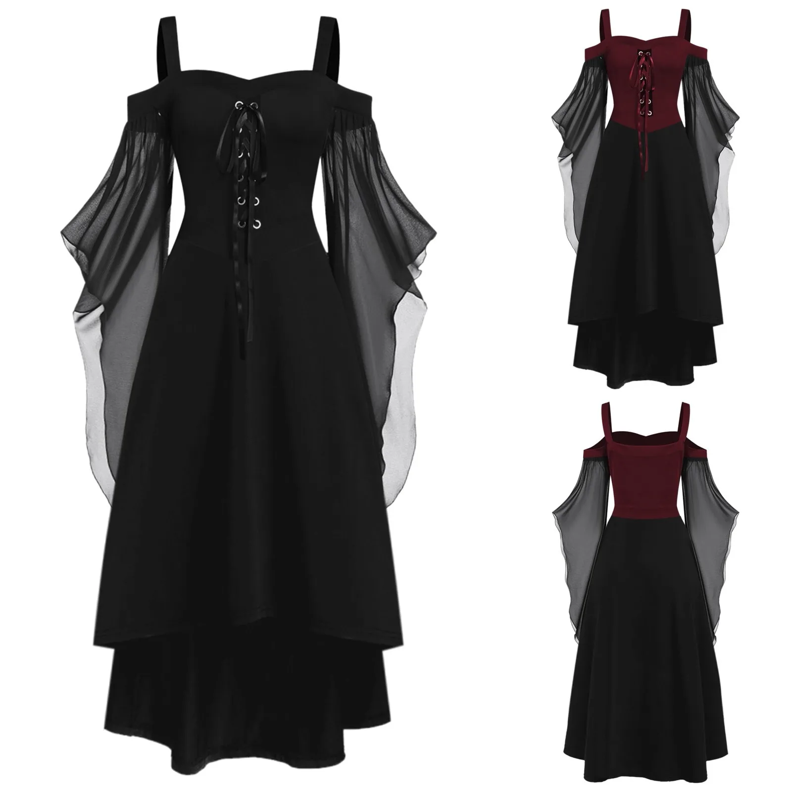 

Medieval Witch Cosplay Dresses For Women Carnival Cold Shoulder Butterfly Sleeve Women Dress Halloween Gothic Cosplay Costumes