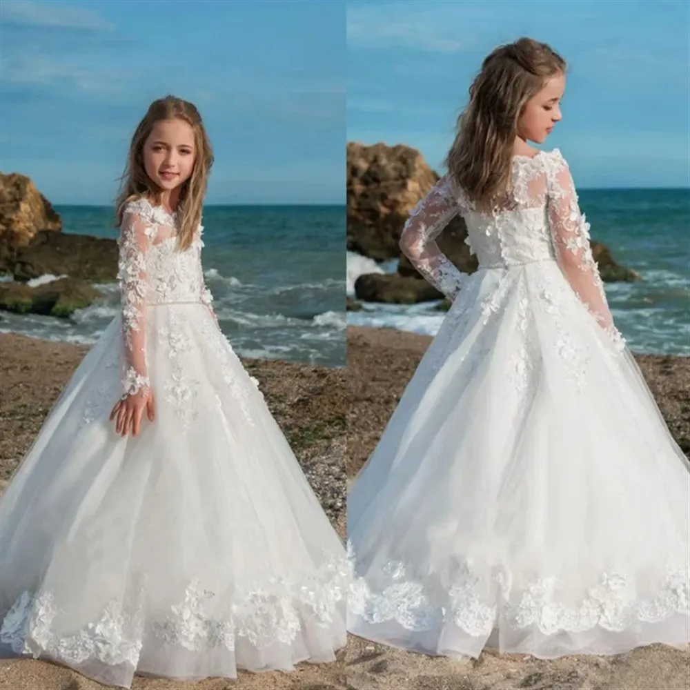 

Elegant Flower Girl Dress for Wedding First Communion Dress Long Sleeves Appliques Lace Pearls Princess Birthday Party Ball Gown