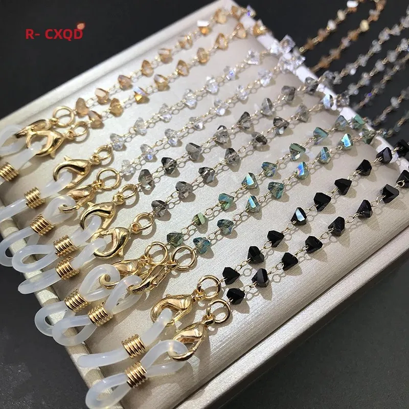 Óculos de sol máscara correntes para mulher 4mm triângulo cristal frisado óculos cordão vidro moda jóias pendurado pescoço acessórios