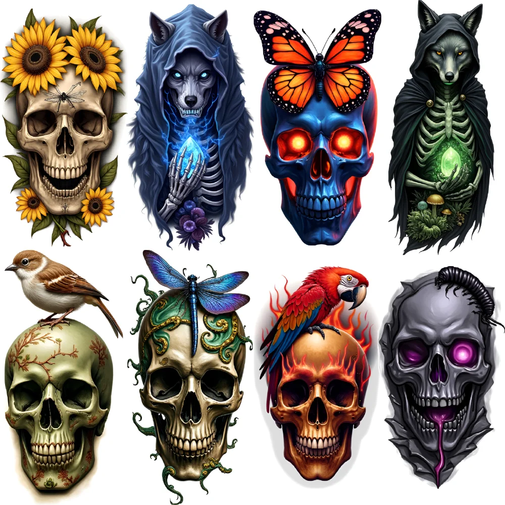 

3pcs Temporary Tattoo Dragonfly Skull Butterfly Skull Wolf Skeleton Colorful Realism Rose Skull For Men Adults Arms