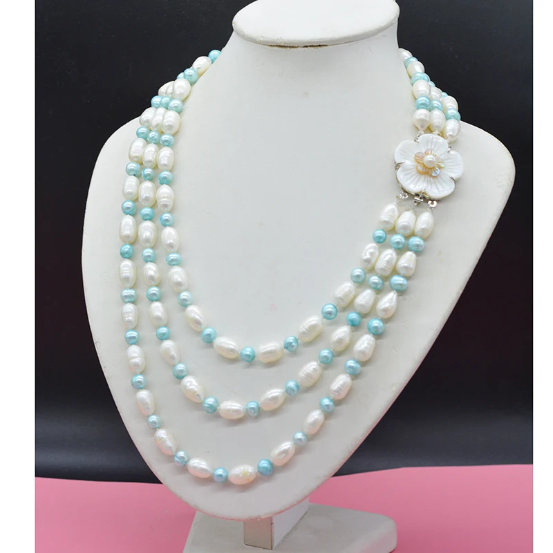 classic. Charm. 9-10MM natural white rice grain baroque pearl necklace. Bridal wedding necklace  19-23”