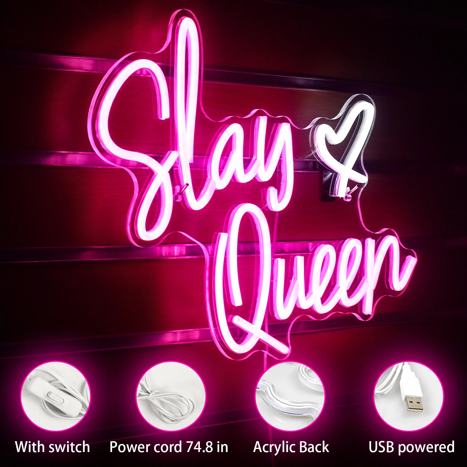 Slay Queen LED Neon Sign Cool Personalized Handmade Neon Light for Party Bedroom Club Store Decoration Neon USB Powered Light