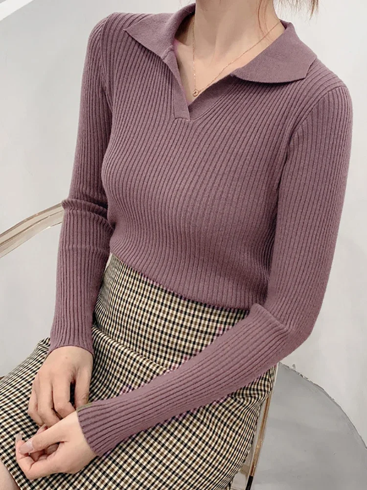 Korea Knit Sweater Pullover Women Long Sleeve Patchwork Slim Lapel Elegant Contrast Knitwear Top Female Skinny Ribbed Pullover