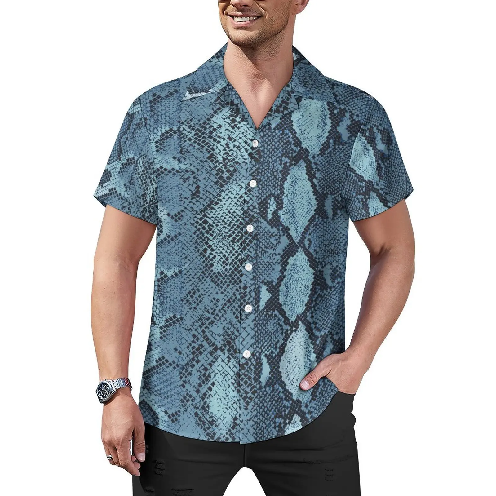 

Blue Snakeskin Vacation Shirt Animal Print Hawaiian Casual Shirts Man Trendy Blouses Short Sleeves Fashion Custom Clothing