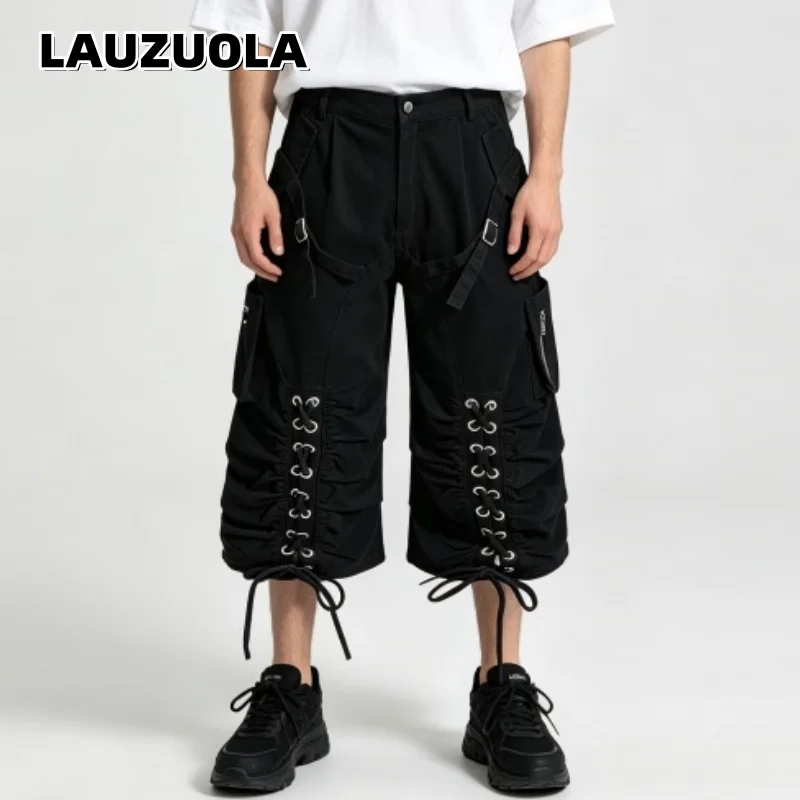 Hip Hop Men Black Ruched Cargo Capri Pants Multi Pocket Strap Buckle Eyelet Lace Up Drawstring Gothic Streetwear Cropped Trouser