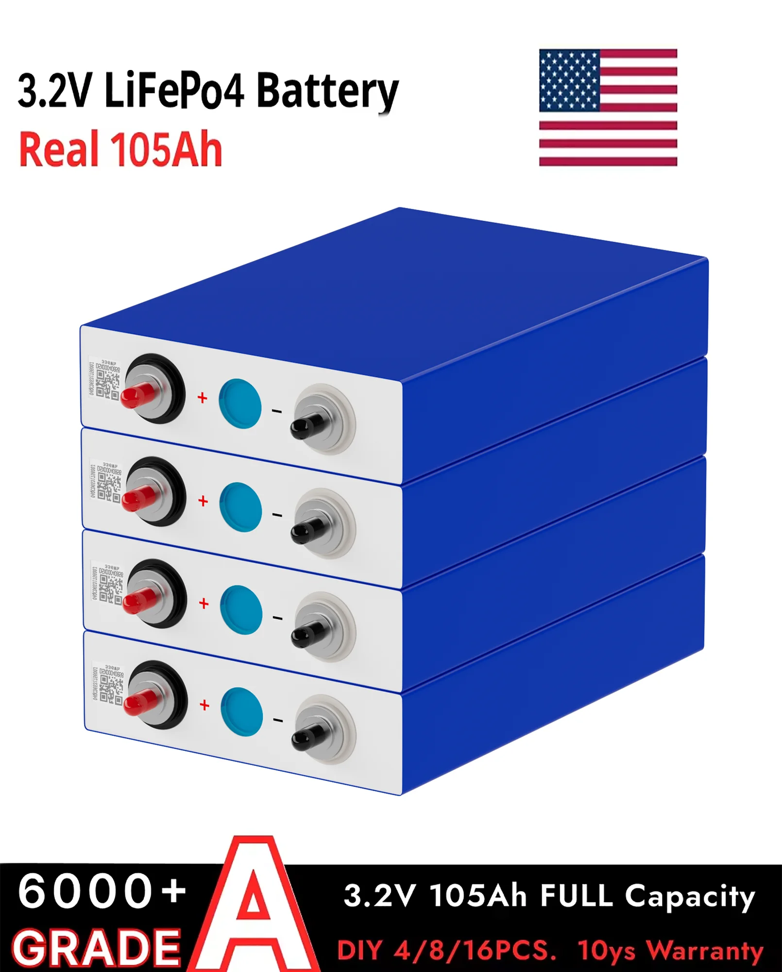 

3,2 В 105 Ач LiFePO4 перезаряжаемые литиевые призматические батареи LFP для DIY 12 В 24 В 48 В аккумулятор ЕС и США