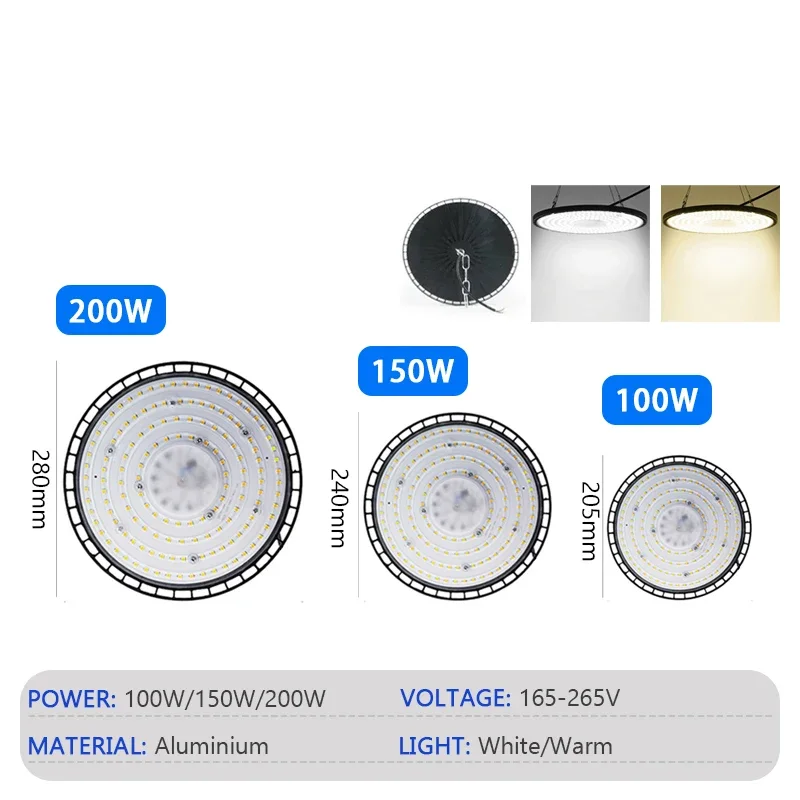 Luz LED UFO de 220V para techo alto, 100W ~ 200W, luz de garaje para almacén de estadio de negocios, iluminación Industrial superbrillante, luz de minería