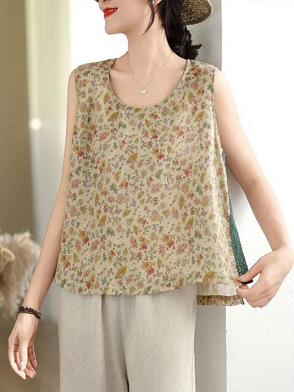 Lace Splice Side Slit Floral Print Small Vest Large Size Women's Svel round Ne Lightweight Breathable Linen Outdoor Top