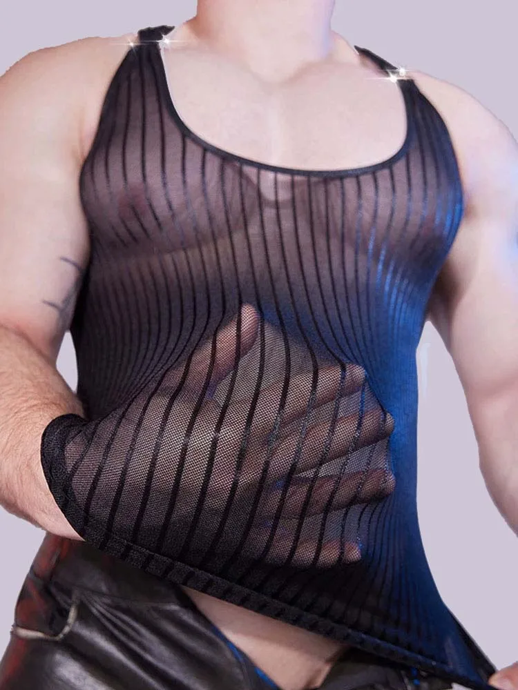 Men's Stripe Vest Fashion Slip Ultra Thin Breathable Tank Tops Sheer See Through T-shirts Man Tops Nightclub Party T-shirts