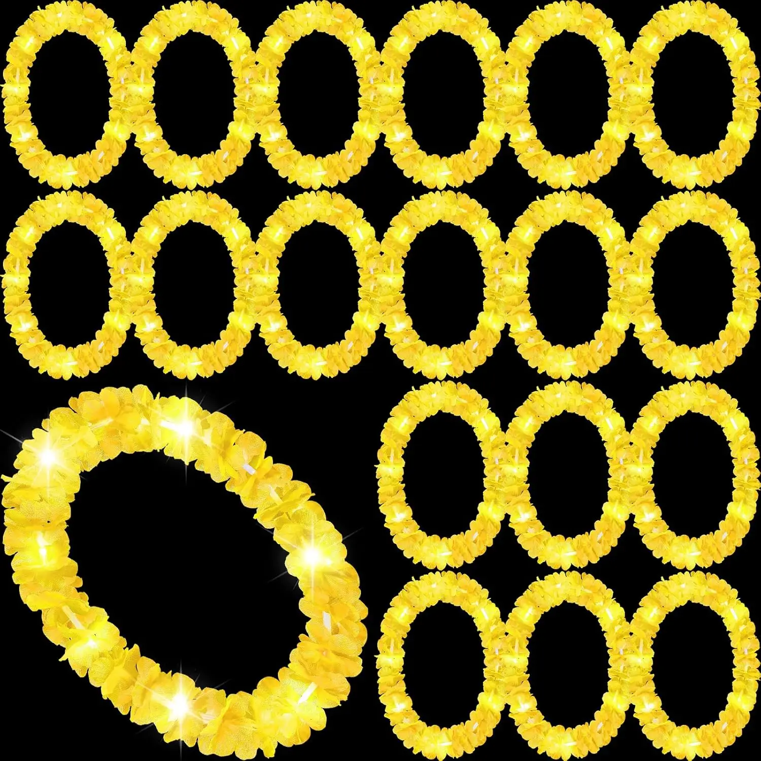 24 قطعة LED الأصفر ليز تضيء هاواي ليس زهرة قلادة الشاطئ الاستوائية كرنفال حفل زفاف لوازم Luau للحفلات التنكرية