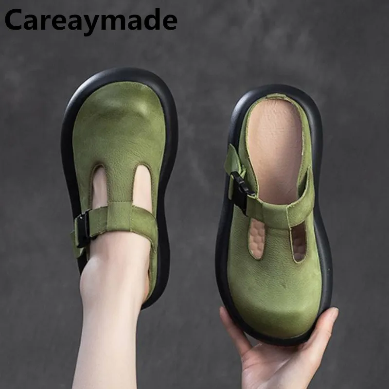 

Careaymade-Women Platform Slippers Summer Slingback Shoes Round Toe Genuine Leather Wedges Heel Height Increasing Casual Slides