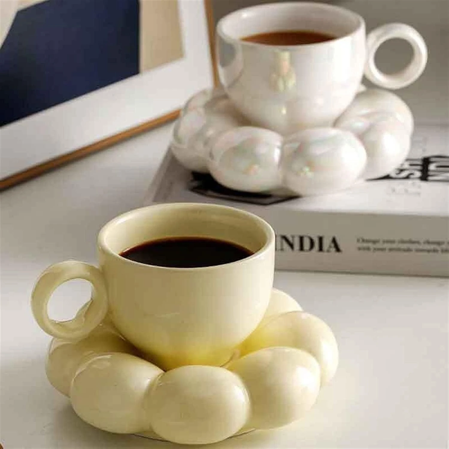 Stylish and Elegant Premium Yellow Creative Hand-painted Ceramic Flower Tea Cup Saucer Set - Beautiful and Unique Water Cup and