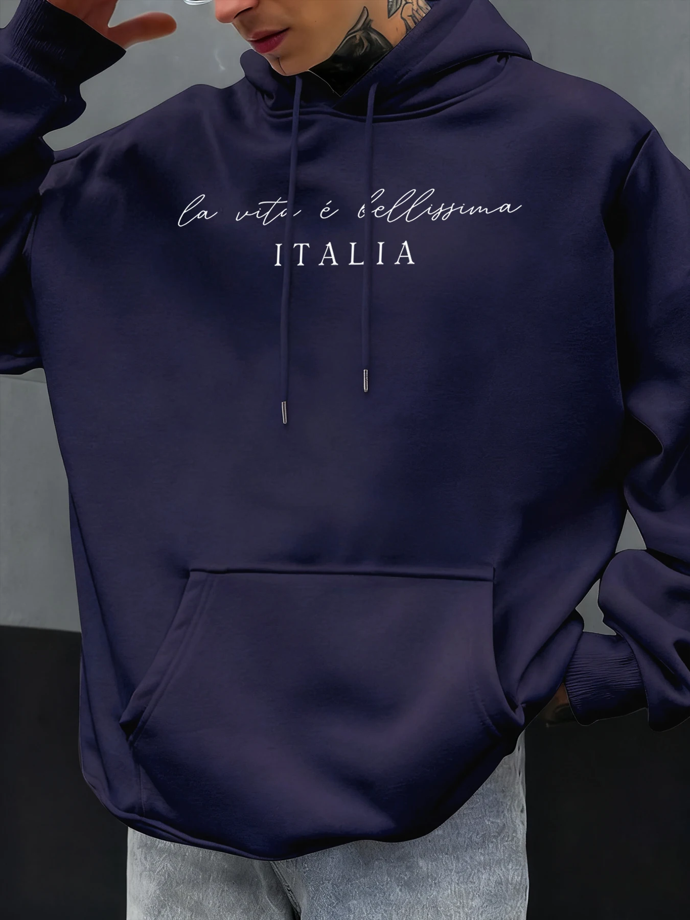 

La Vita È Bellissima Italia Толстовка с принтом для мужчин Осенние толстовки в стиле хип-хоп с карманами из флиса Мягкая уличная одежда Повседневная толстовка с капюшоном Модное пальто
