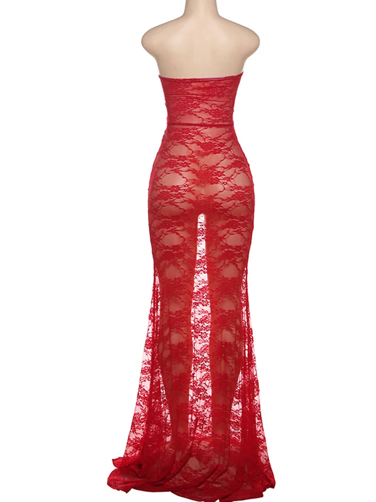 Shirring Hollow Dress Women Sexy Party Jacquard Patchwork Strapless Coquette Banquet Elegant Summer Y2K Maxi Bodycon