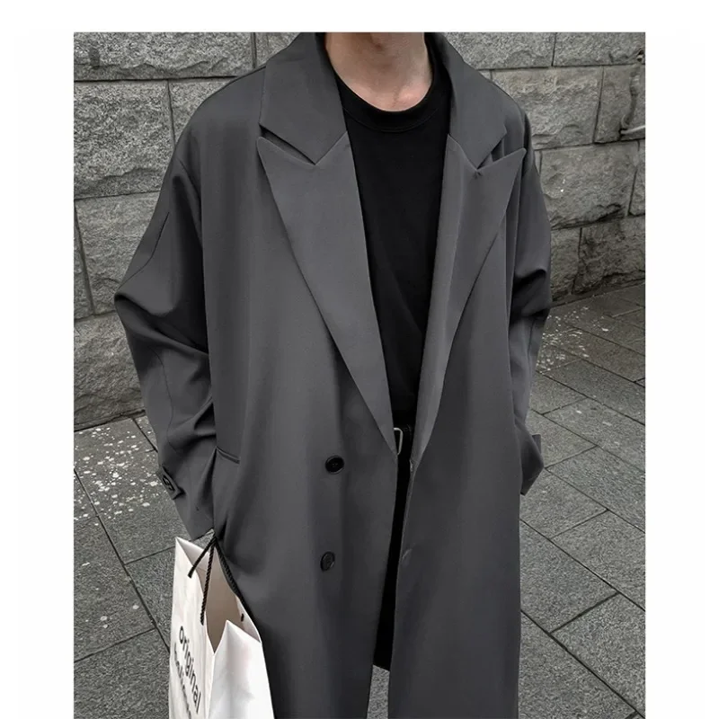 Autumn New Coats Loose Mid Length Over Knee Thin Windbreaker Handsome Shoulder Padded Suit Jacket for Men Trench Coat