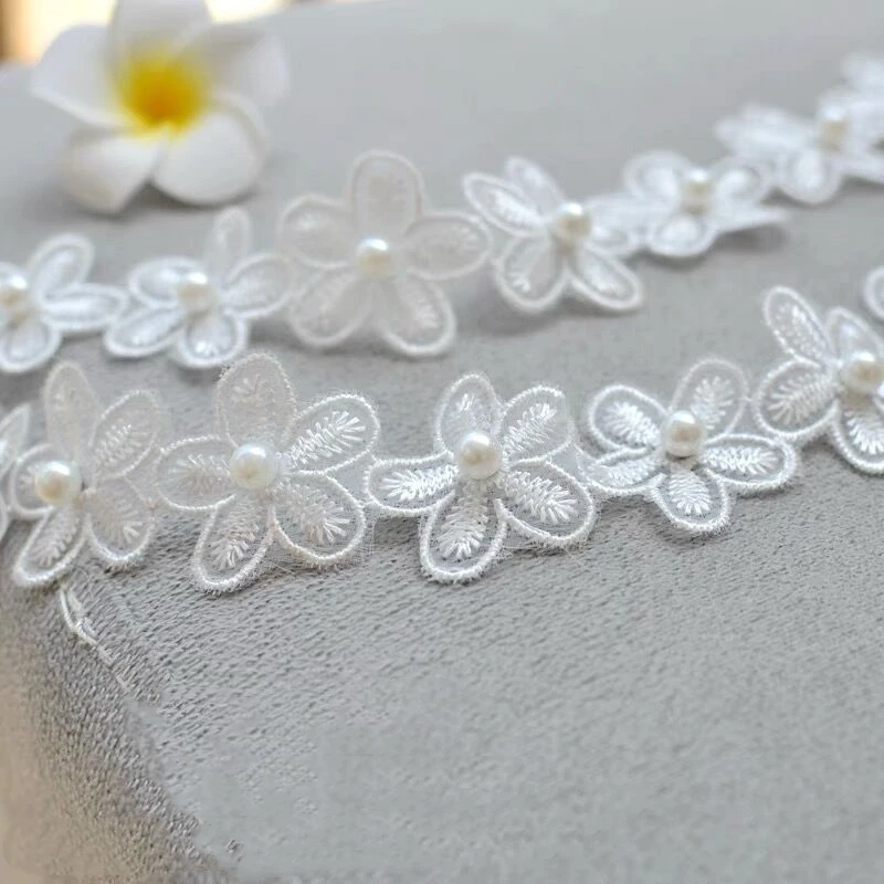 1Yard/Lot 30mm Flower Pearl Embroidery Lace Trim Ribbons Wedding Dress Sewing Garment Accessories