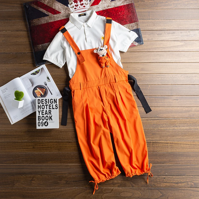 

Trendy Loose Jumpsuit Men's Summer Thin Casual Seven-Foot-Pant Bear Strap Pants Youthful Sle Straight Leg Casual Wear