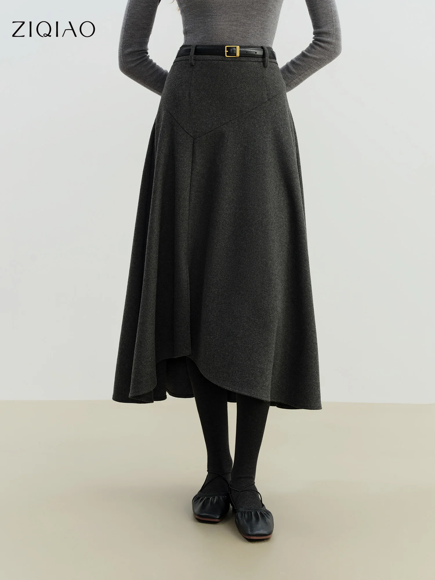 

ZIQIAO 2025 Winter Women's High Waist A-Line Midi Skirt Asymmetrical Seam Design - Unique Cutout Detail for Casual Office Wear