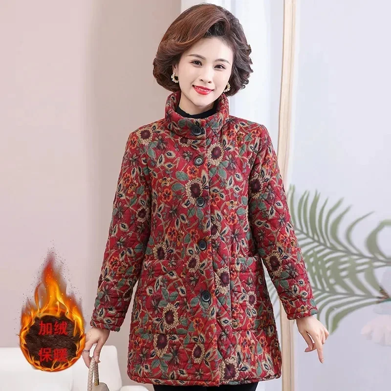 

Middle Aged Elderly Women's Cotton Coat Adding Velvet Thicken Cotton inen Printed Jacket 2024 New Autumn Wintercoat Parker