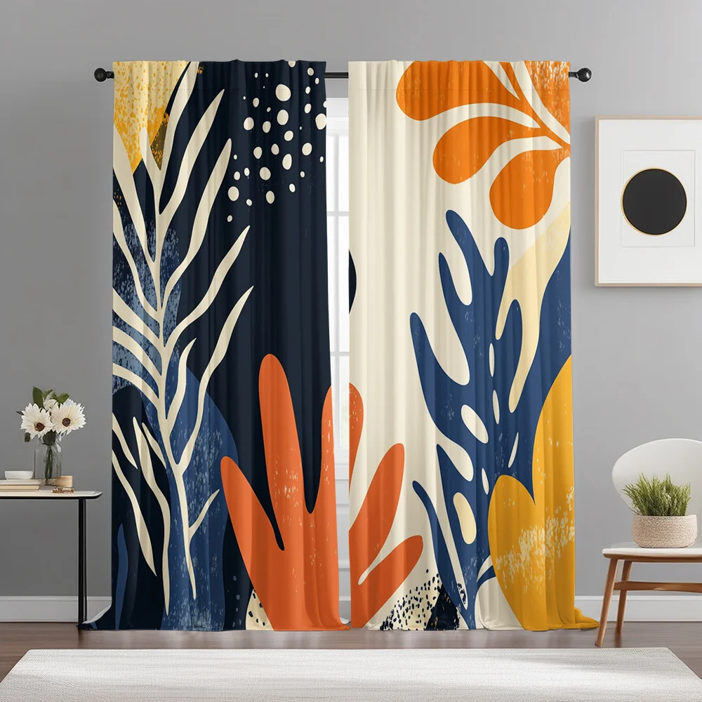 Bold Abstract Botanical Leaf Curtains Set of 2 Rod Pocket Light Filtering Drapes for Kitchen, Cafe, Living Room